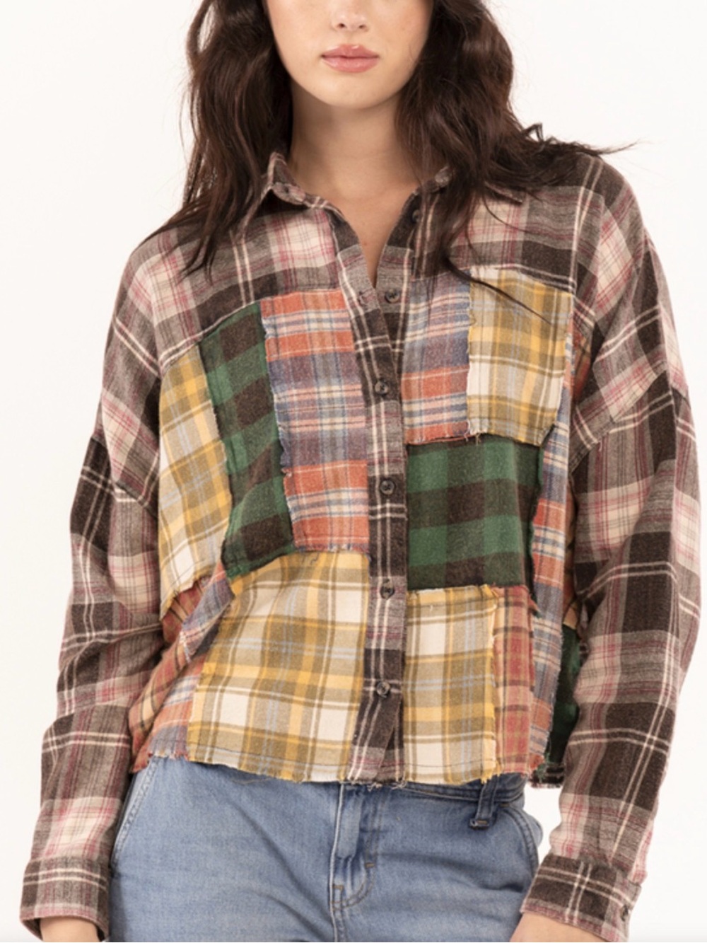 Urban Outfitters BDG Patchwork Flannel Button-Up Shirt Women’s XS Cropped Loose